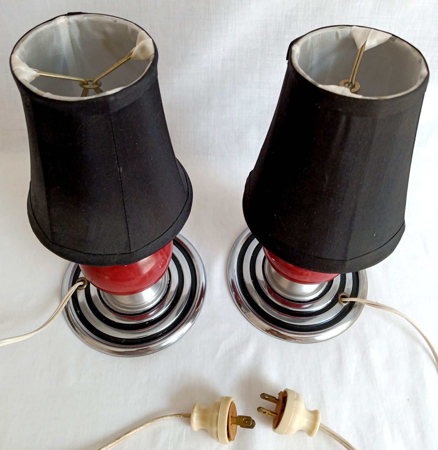 Vintage Set of 2 MCM Space Age Atomic Style Accent Mini Table Lamps Red Orb Ceramic Chrome Finish Base Fabric Lampshade Retro Lighting