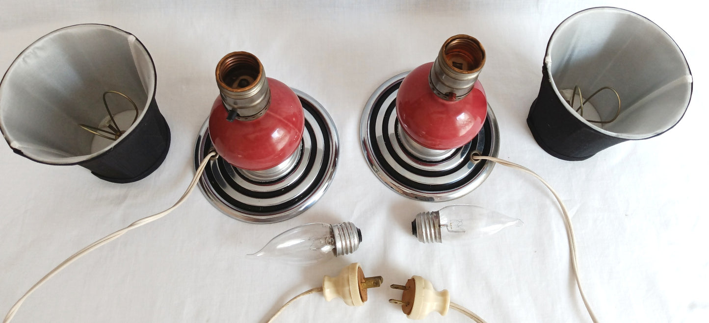 Vintage Set of 2 MCM Space Age Atomic Style Accent Mini Table Lamps Red Orb Ceramic Chrome Finish Base Fabric Lampshade Retro Lighting