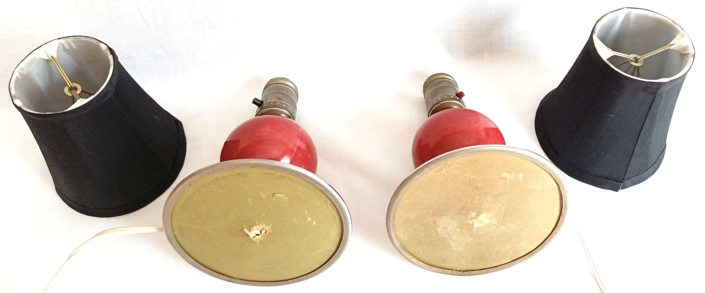 Vintage Set of 2 MCM Space Age Atomic Style Accent Mini Table Lamps Red Orb Ceramic Chrome Finish Base Fabric Lampshade Retro Lighting