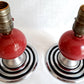 Vintage Set of 2 MCM Space Age Atomic Style Accent Mini Table Lamps Red Orb Ceramic Chrome Finish Base Fabric Lampshade Retro Lighting