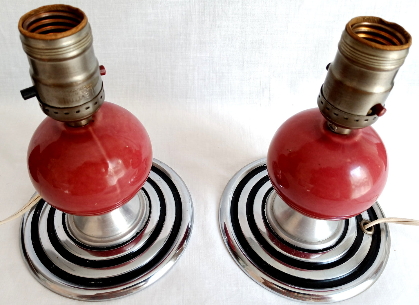 Vintage Set of 2 MCM Space Age Atomic Style Accent Mini Table Lamps Red Orb Ceramic Chrome Finish Base Fabric Lampshade Retro Lighting
