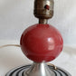 Vintage Set of 2 MCM Space Age Atomic Style Accent Mini Table Lamps Red Orb Ceramic Chrome Finish Base Fabric Lampshade Retro Lighting