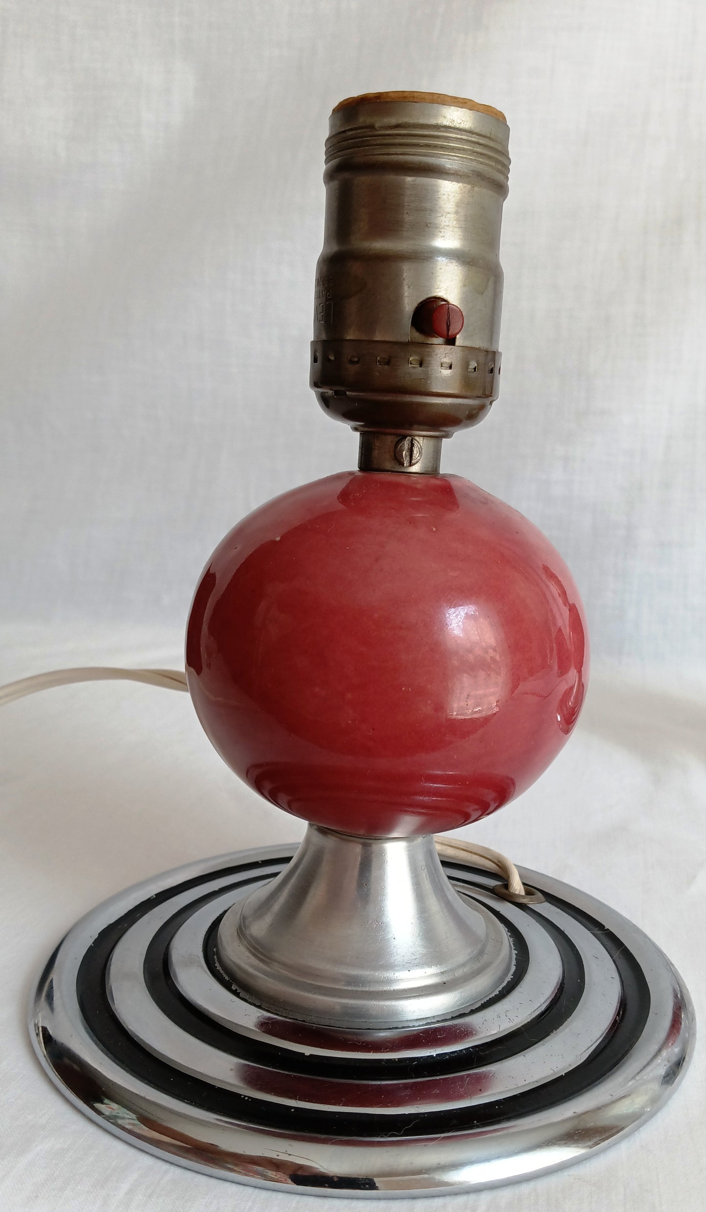 Vintage Set of 2 MCM Space Age Atomic Style Accent Mini Table Lamps Red Orb Ceramic Chrome Finish Base Fabric Lampshade Retro Lighting