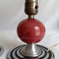 Vintage Set of 2 MCM Space Age Atomic Style Accent Mini Table Lamps Red Orb Ceramic Chrome Finish Base Fabric Lampshade Retro Lighting