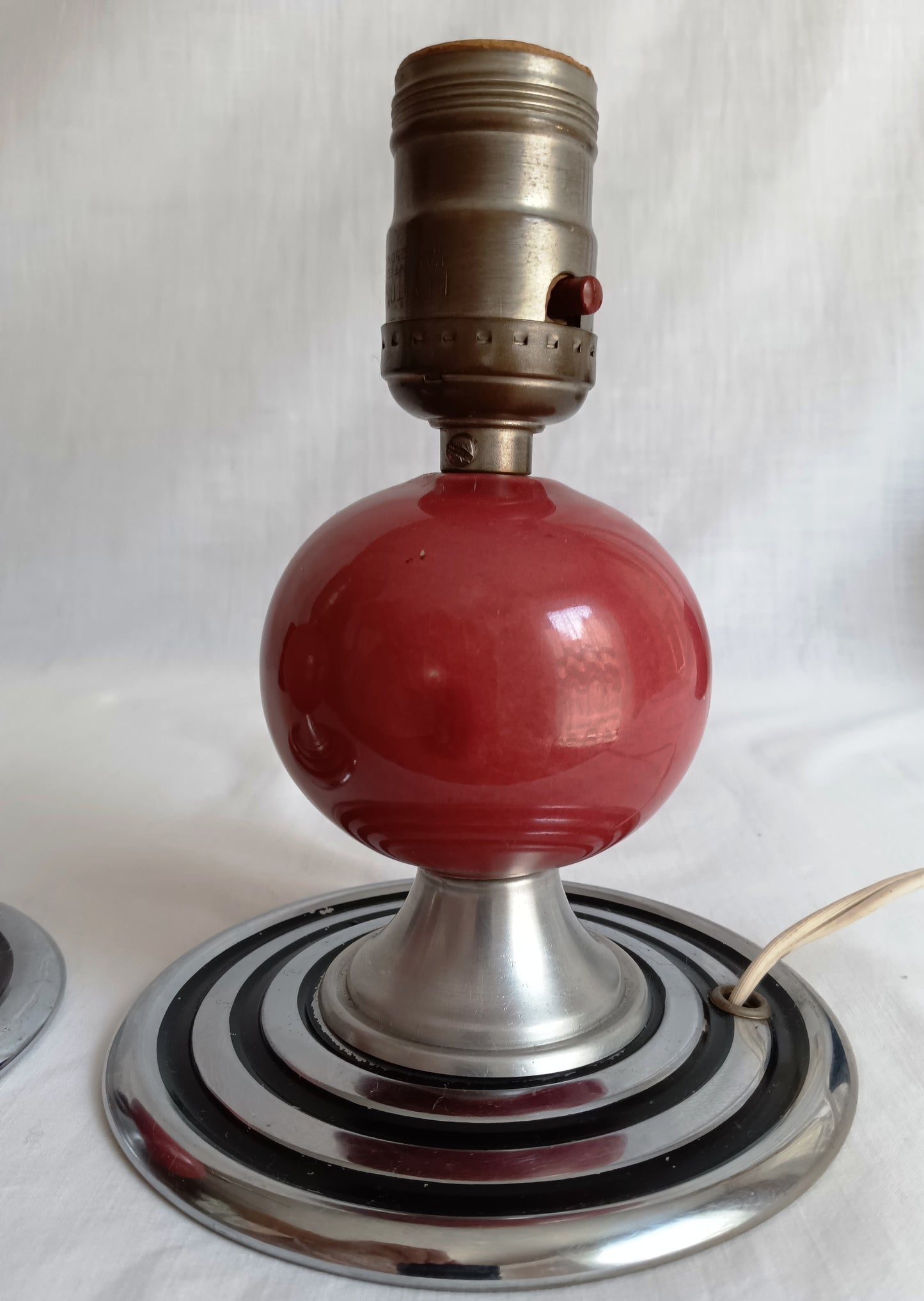 Vintage Set of 2 MCM Space Age Atomic Style Accent Mini Table Lamps Red Orb Ceramic Chrome Finish Base Fabric Lampshade Retro Lighting