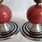 Vintage Set of 2 MCM Space Age Atomic Style Accent Mini Table Lamps Red Orb Ceramic Chrome Finish Base Fabric Lampshade Retro Lighting