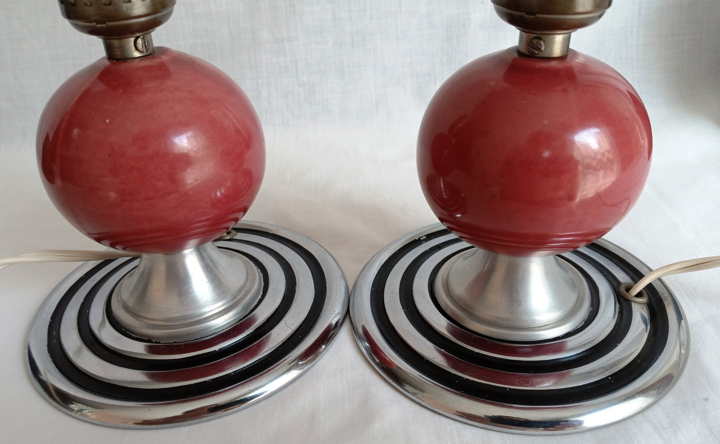 Vintage Set of 2 MCM Space Age Atomic Style Accent Mini Table Lamps Red Orb Ceramic Chrome Finish Base Fabric Lampshade Retro Lighting