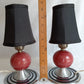 Vintage Set of 2 MCM Space Age Atomic Style Accent Mini Table Lamps Red Orb Ceramic Chrome Finish Base Fabric Lampshade Retro Lighting