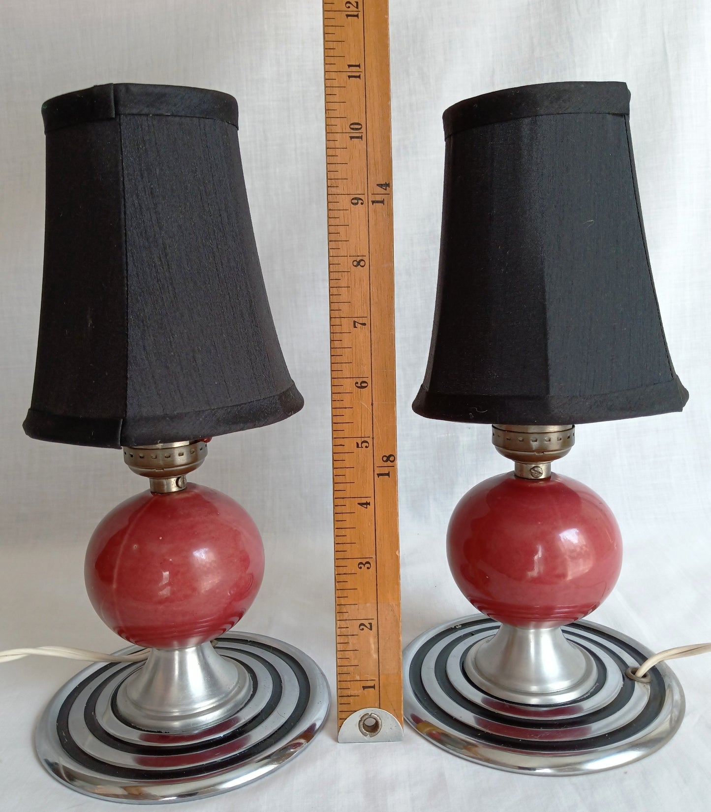 Vintage Set of 2 MCM Space Age Atomic Style Accent Mini Table Lamps Red Orb Ceramic Chrome Finish Base Fabric Lampshade Retro Lighting