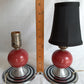 Vintage Set of 2 MCM Space Age Atomic Style Accent Mini Table Lamps Red Orb Ceramic Chrome Finish Base Fabric Lampshade Retro Lighting
