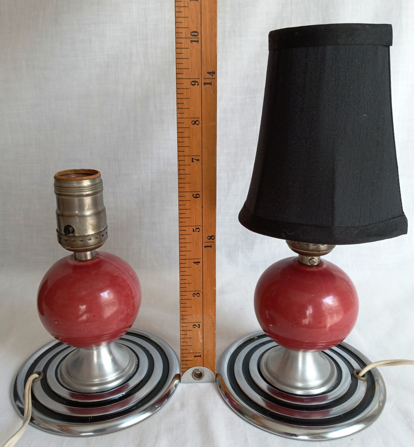 Vintage Set of 2 MCM Space Age Atomic Style Accent Mini Table Lamps Red Orb Ceramic Chrome Finish Base Fabric Lampshade Retro Lighting