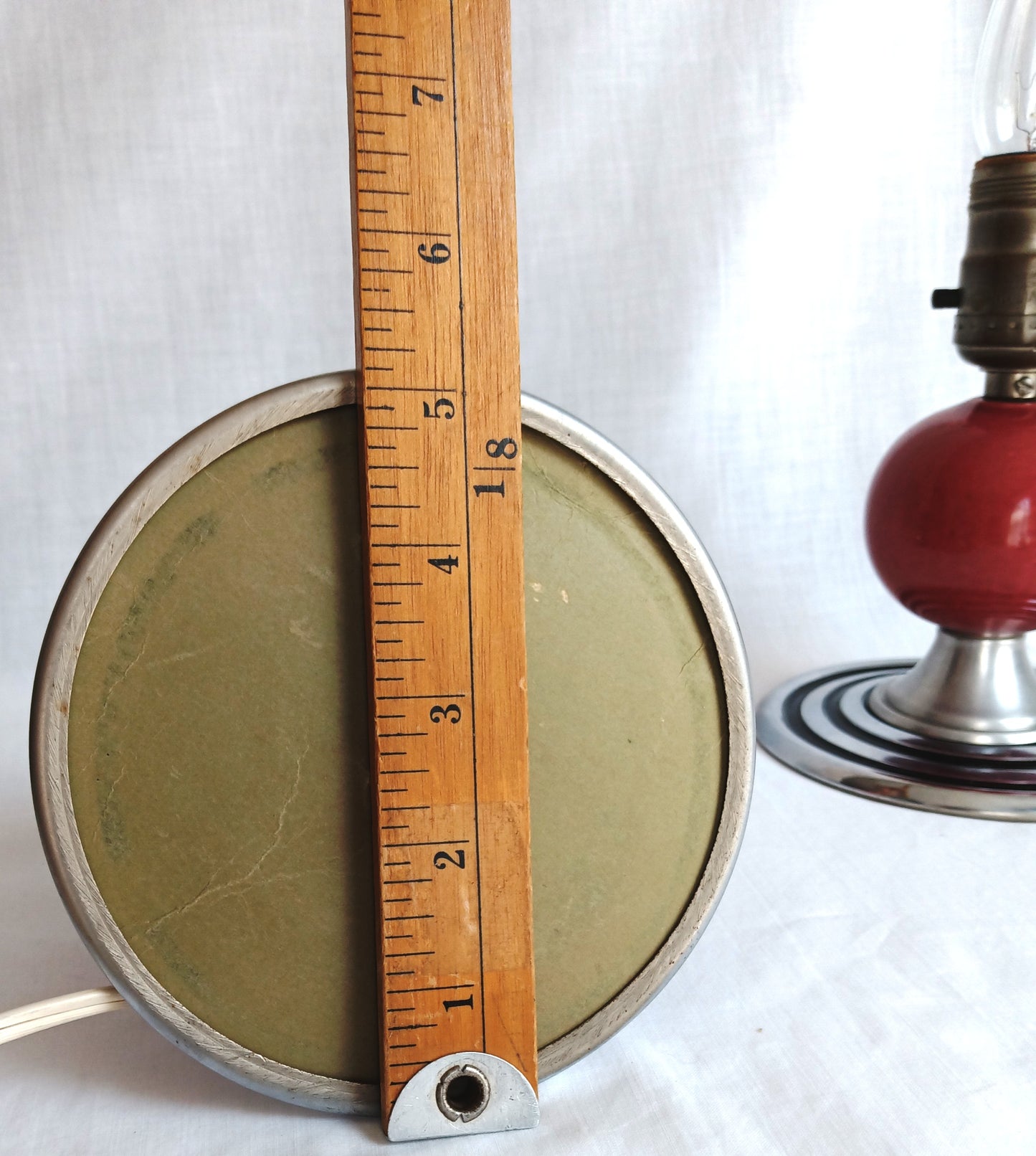 Vintage Set of 2 MCM Space Age Atomic Style Accent Mini Table Lamps Red Orb Ceramic Chrome Finish Base Fabric Lampshade Retro Lighting