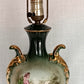 Vintage MCM George Martha Washington Style Porcelain Gilt Urn Tall Table Lamp 3 Way French Rococo Courting Couple Design Harp Finial