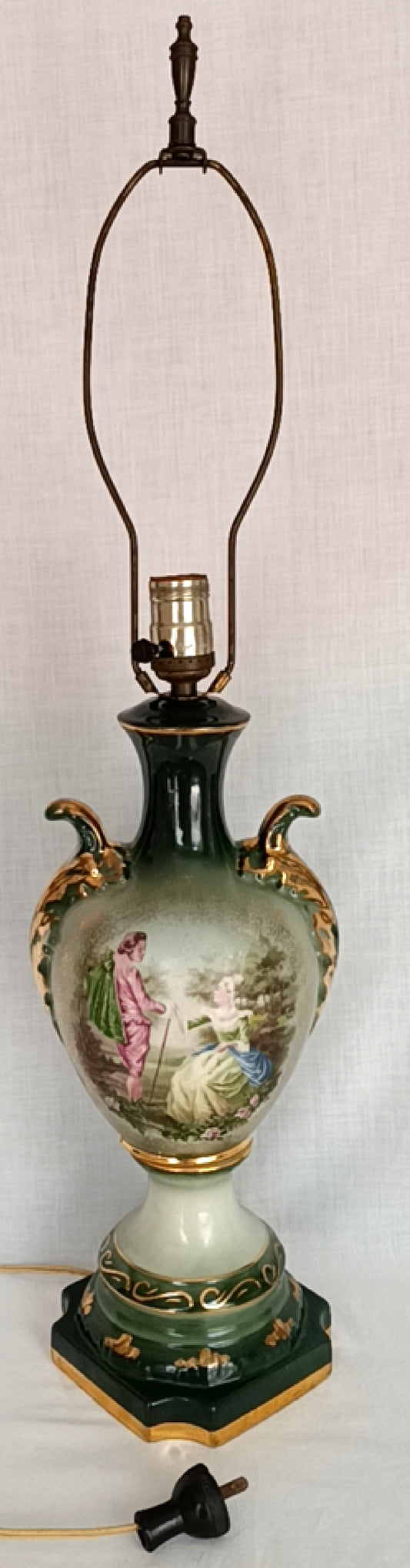 Vintage MCM George Martha Washington Style Porcelain Gilt Urn Tall Table Lamp 3 Way French Rococo Courting Couple Design Harp Finial