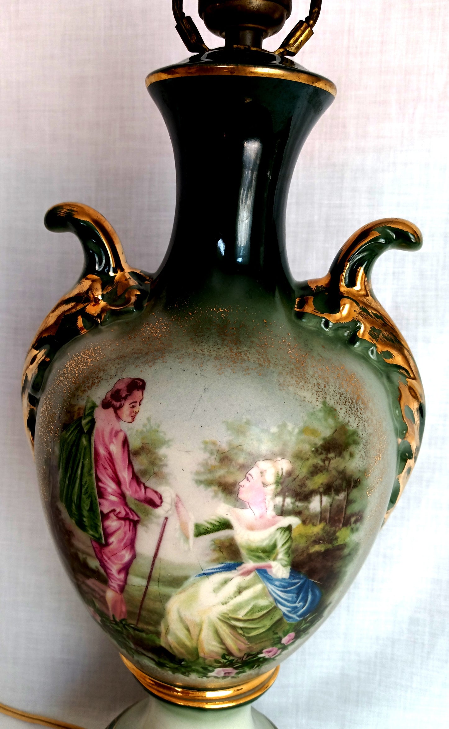 Vintage MCM George Martha Washington Style Porcelain Gilt Urn Tall Table Lamp 3 Way French Rococo Courting Couple Design Harp Finial