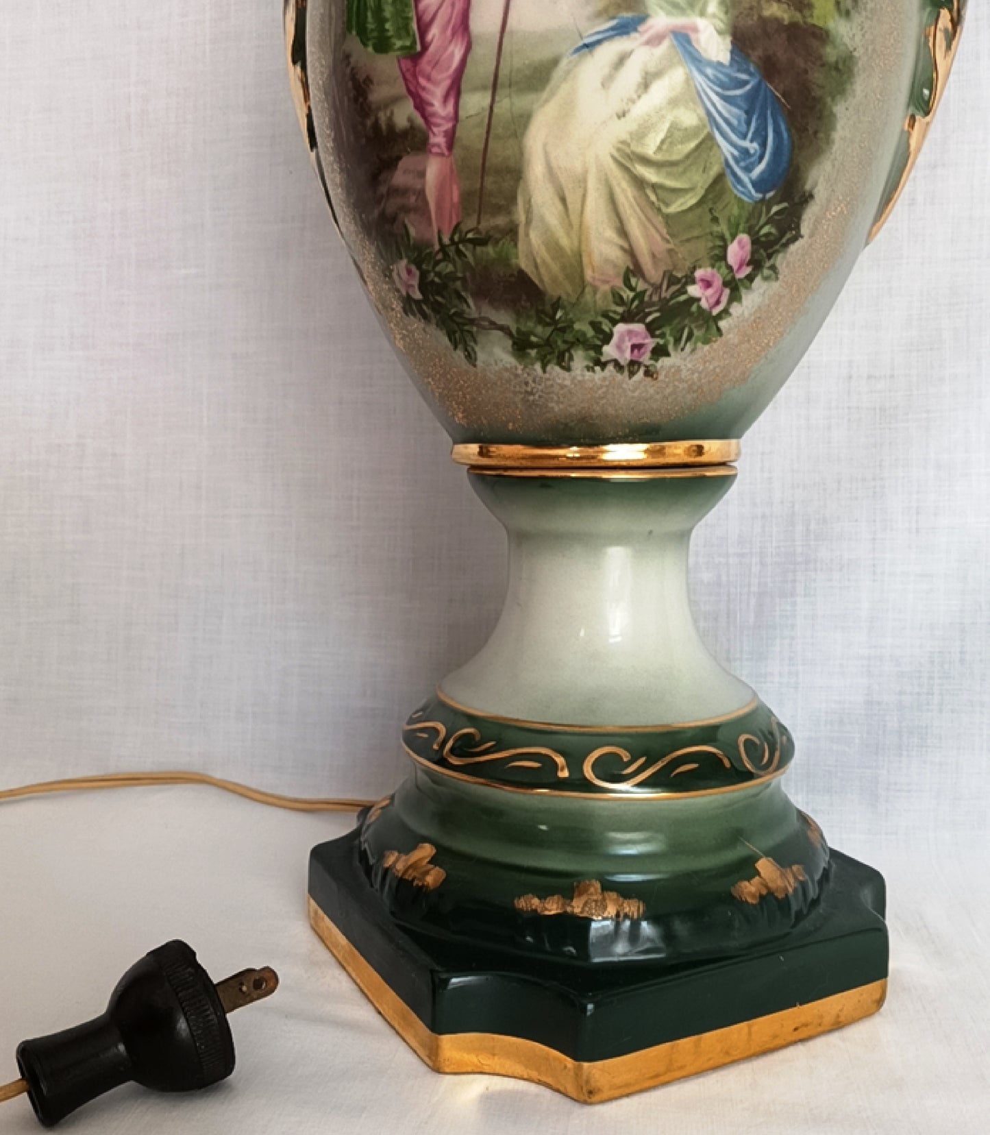 Vintage MCM George Martha Washington Style Porcelain Gilt Urn Tall Table Lamp 3 Way French Rococo Courting Couple Design Harp Finial