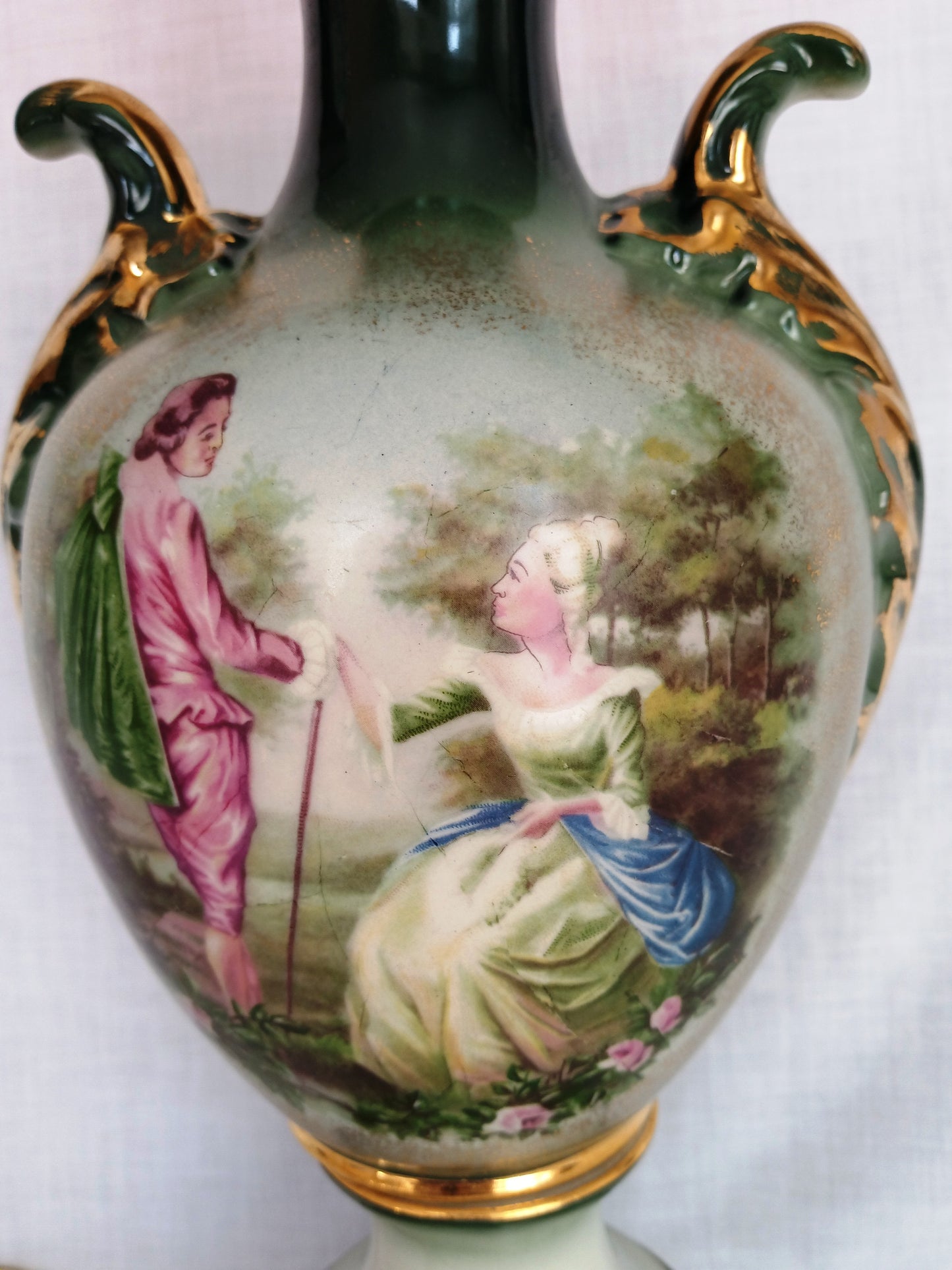 Vintage MCM George Martha Washington Style Porcelain Gilt Urn Tall Table Lamp 3 Way French Rococo Courting Couple Design Harp Finial
