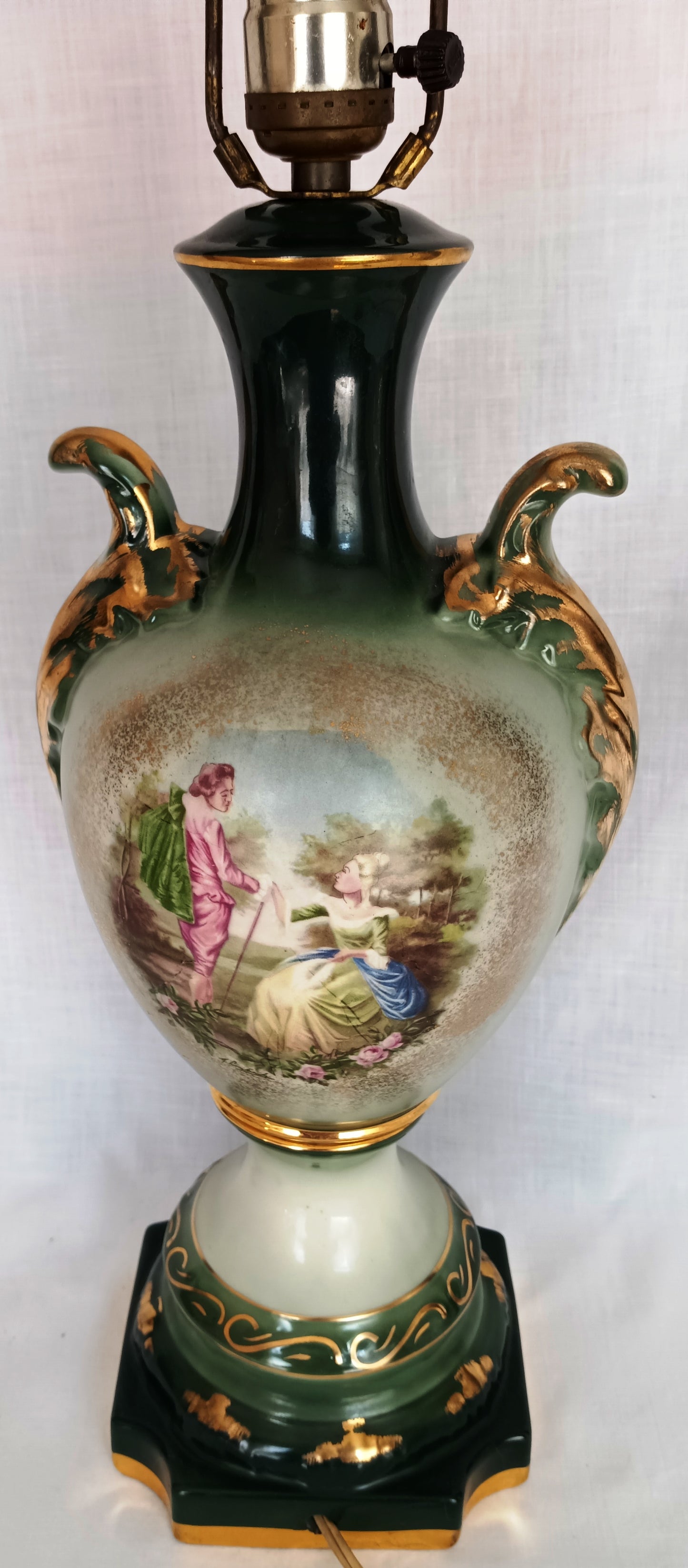 Vintage MCM George Martha Washington Style Porcelain Gilt Urn Tall Table Lamp 3 Way French Rococo Courting Couple Design Harp Finial