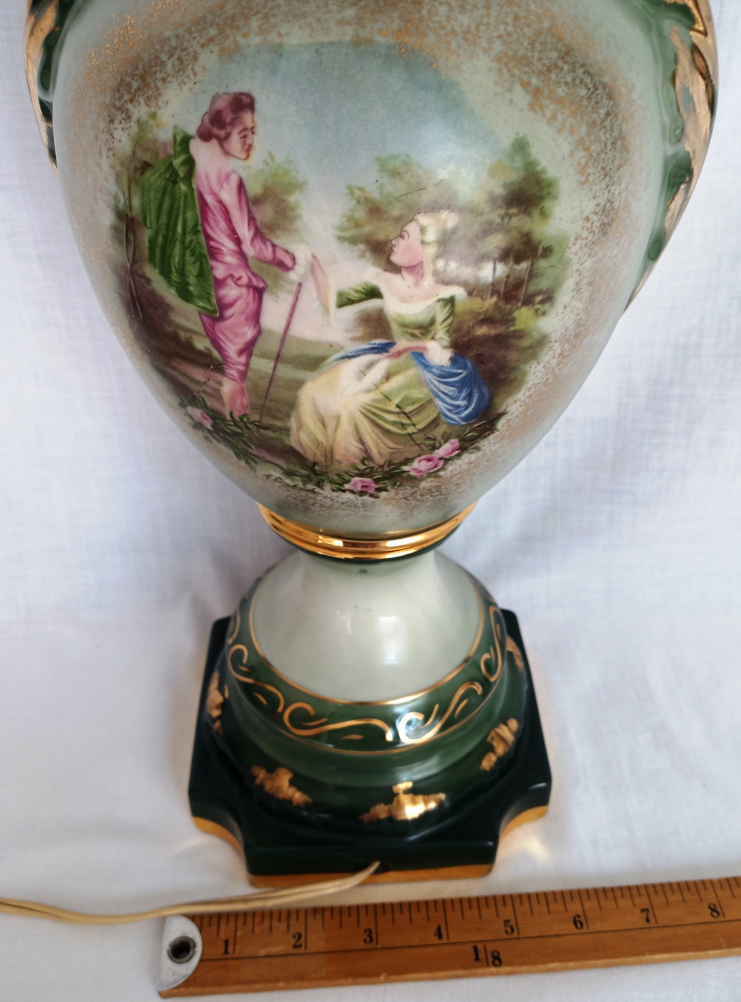 Vintage MCM George Martha Washington Style Porcelain Gilt Urn Tall Table Lamp 3 Way French Rococo Courting Couple Design Harp Finial