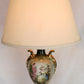 Vintage MCM George Martha Washington Style Porcelain Gilt Urn Tall Table Lamp 3 Way French Rococo Courting Couple Design Harp Finial