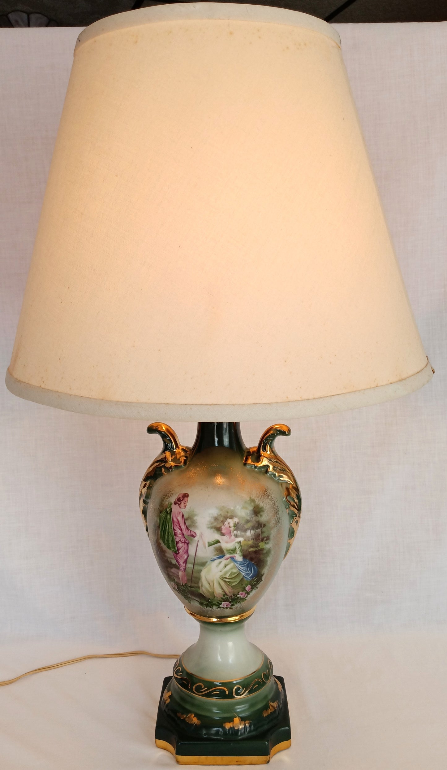 Vintage MCM George Martha Washington Style Porcelain Gilt Urn Tall Table Lamp 3 Way French Rococo Courting Couple Design Harp Finial