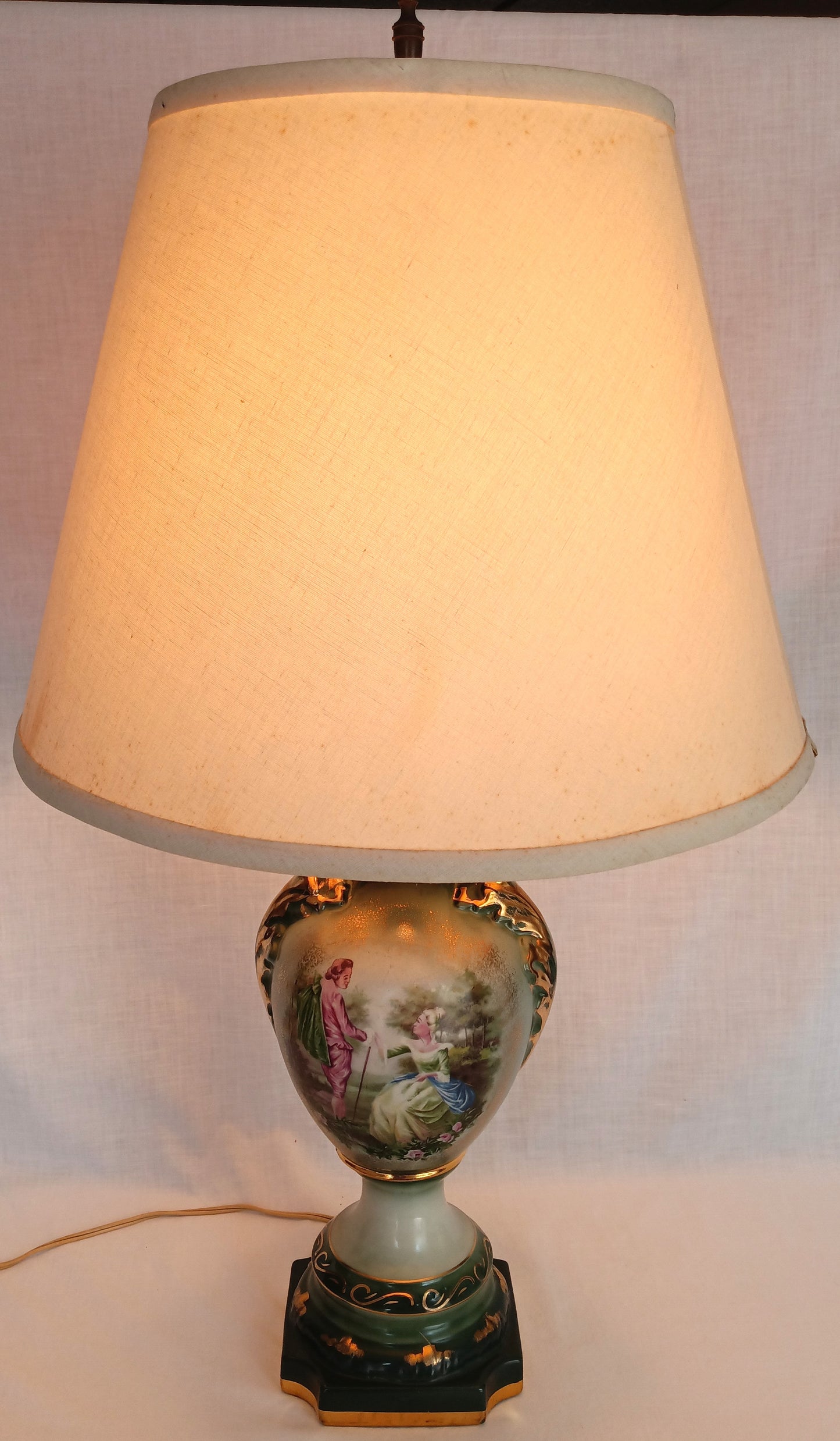 Vintage MCM George Martha Washington Style Porcelain Gilt Urn Tall Table Lamp 3 Way French Rococo Courting Couple Design Harp Finial