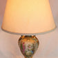 Vintage MCM George Martha Washington Style Porcelain Gilt Urn Tall Table Lamp 3 Way French Rococo Courting Couple Design Harp Finial