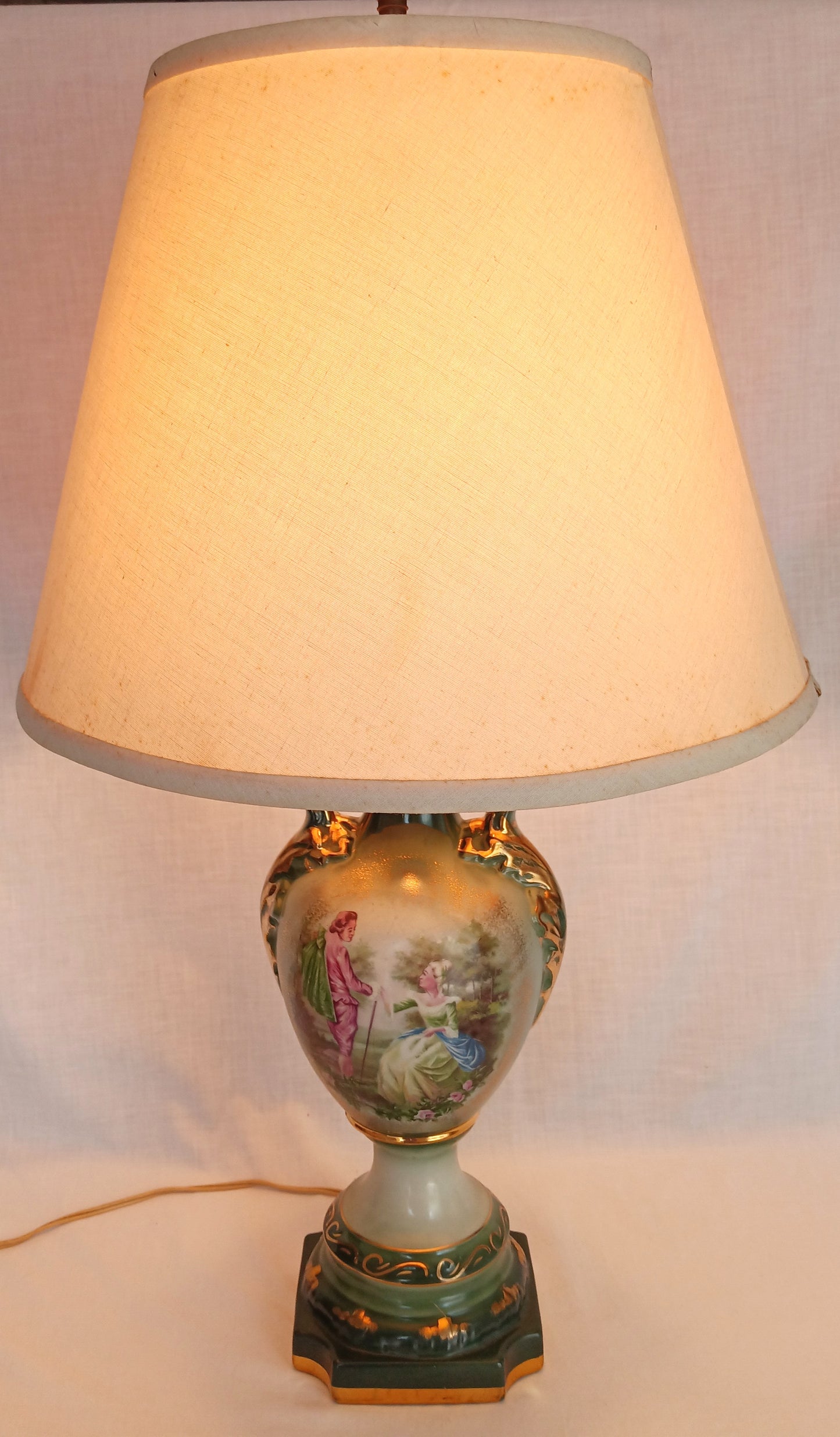 Vintage MCM George Martha Washington Style Porcelain Gilt Urn Tall Table Lamp 3 Way French Rococo Courting Couple Design Harp Finial