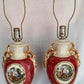 Vintage Pair Hollywood Regency MCM George Martha Washington Style Ceramic Porcelain Gilt Urn Tall Table Lamps Courting Couple Harp Finial