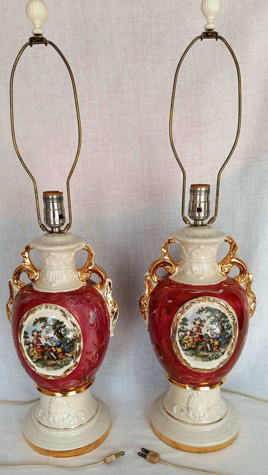 Vintage Pair Hollywood Regency MCM George Martha Washington Style Ceramic Porcelain Gilt Urn Tall Table Lamps Courting Couple Harp Finial