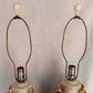 Vintage Pair Hollywood Regency MCM George Martha Washington Style Ceramic Porcelain Gilt Urn Tall Table Lamps Courting Couple Harp Finial