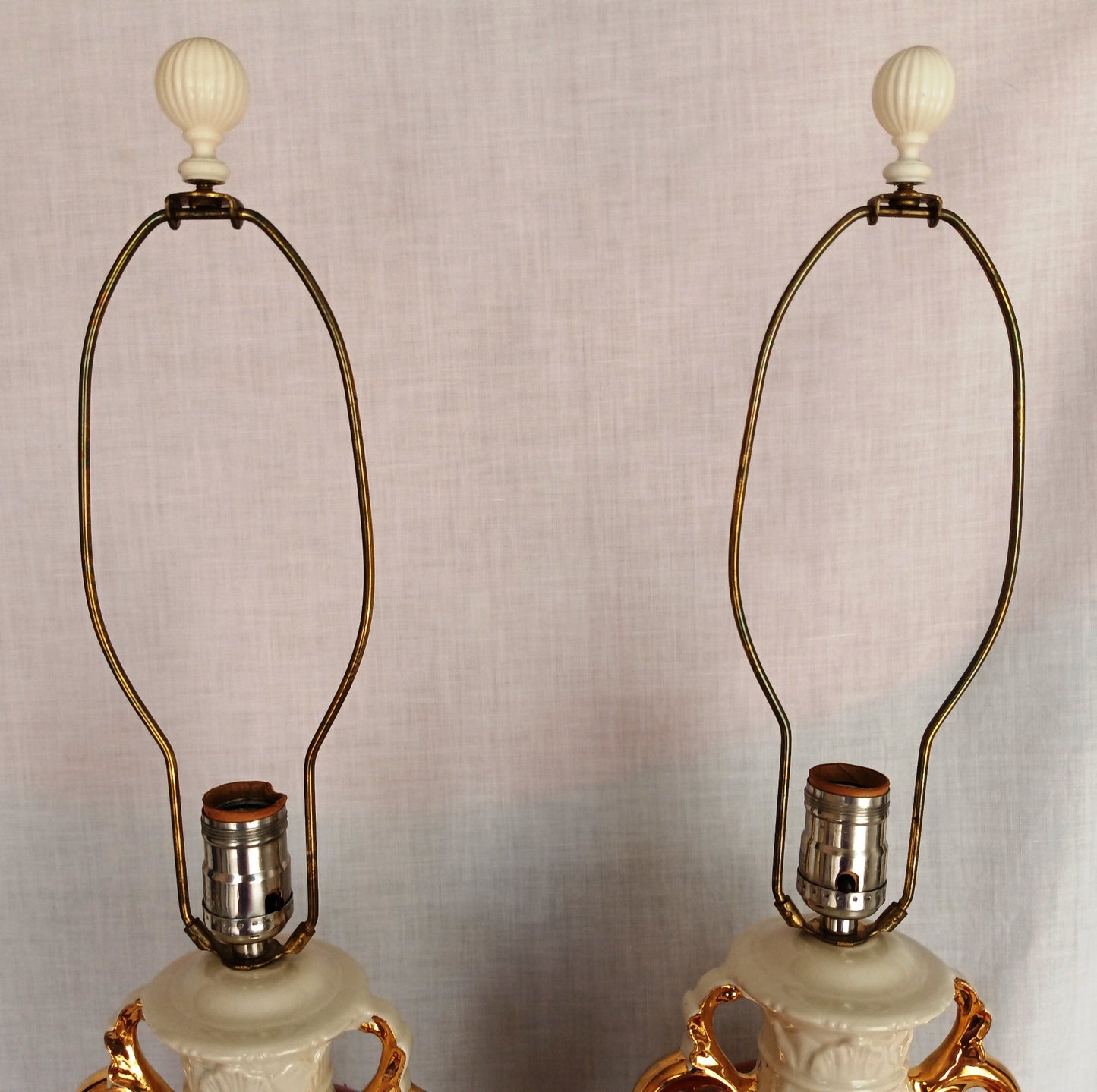 Vintage Pair Hollywood Regency MCM George Martha Washington Style Ceramic Porcelain Gilt Urn Tall Table Lamps Courting Couple Harp Finial
