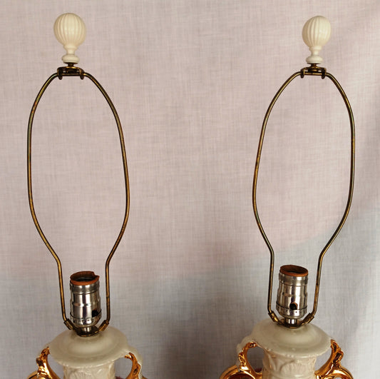 Vintage Pair Hollywood Regency MCM George Martha Washington Style Ceramic Porcelain Gilt Urn Tall Table Lamps Courting Couple Harp Finial