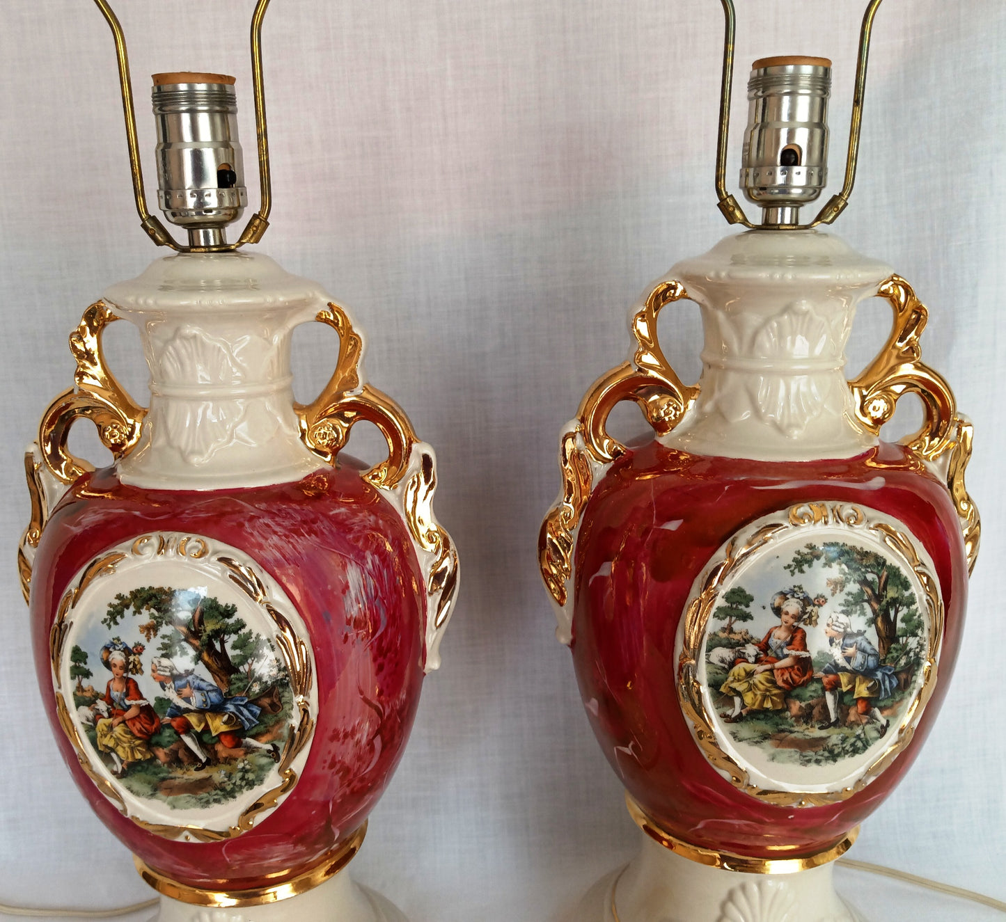 Vintage Pair Hollywood Regency MCM George Martha Washington Style Ceramic Porcelain Gilt Urn Tall Table Lamps Courting Couple Harp Finial