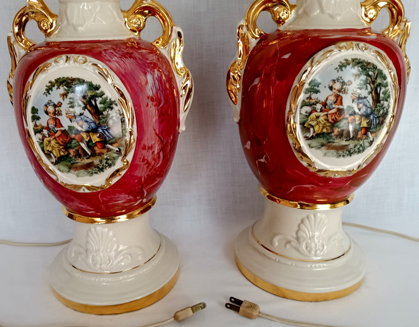 Vintage Pair Hollywood Regency MCM George Martha Washington Style Ceramic Porcelain Gilt Urn Tall Table Lamps Courting Couple Harp Finial