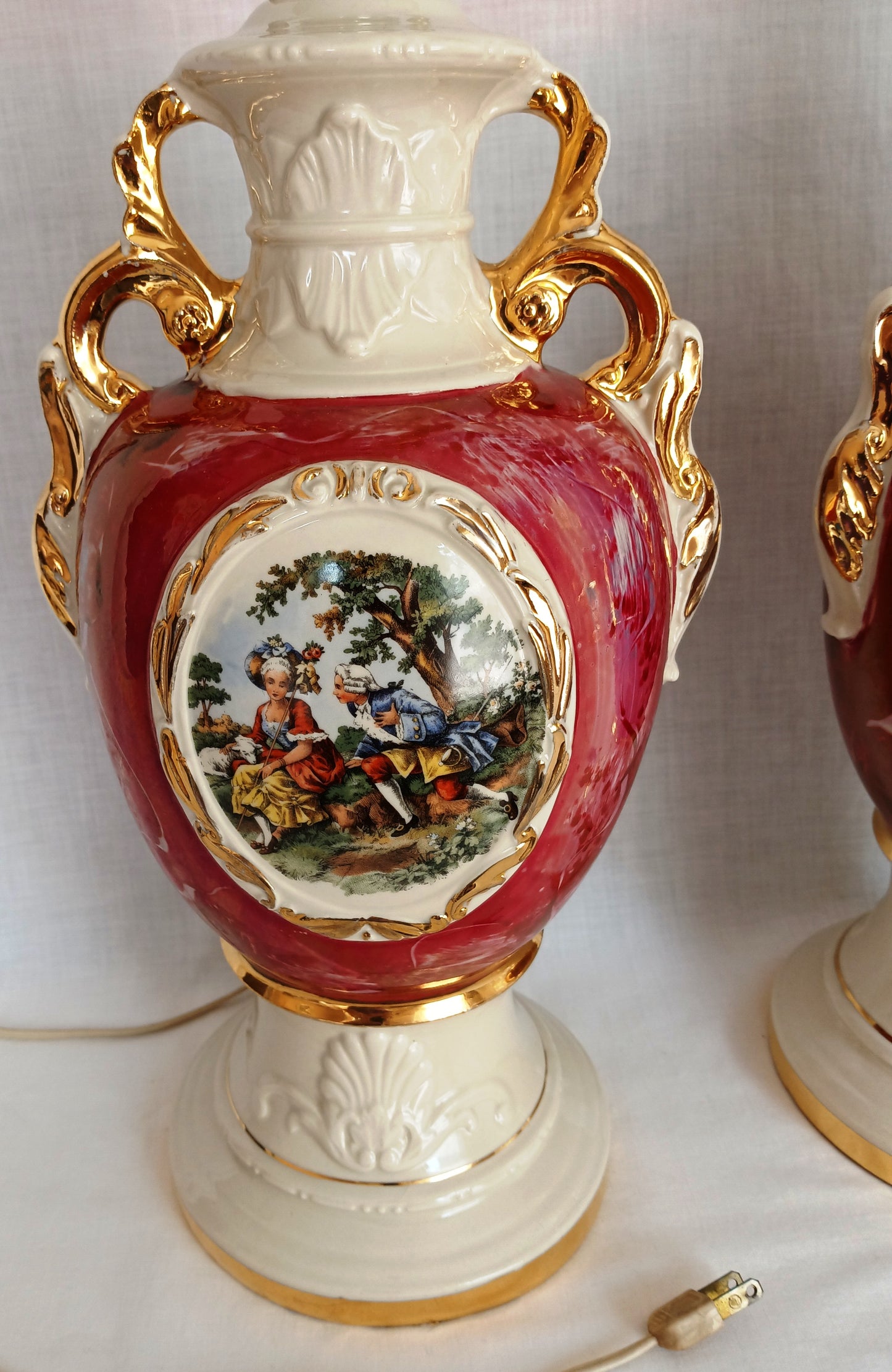 Vintage Pair Hollywood Regency MCM George Martha Washington Style Ceramic Porcelain Gilt Urn Tall Table Lamps Courting Couple Harp Finial