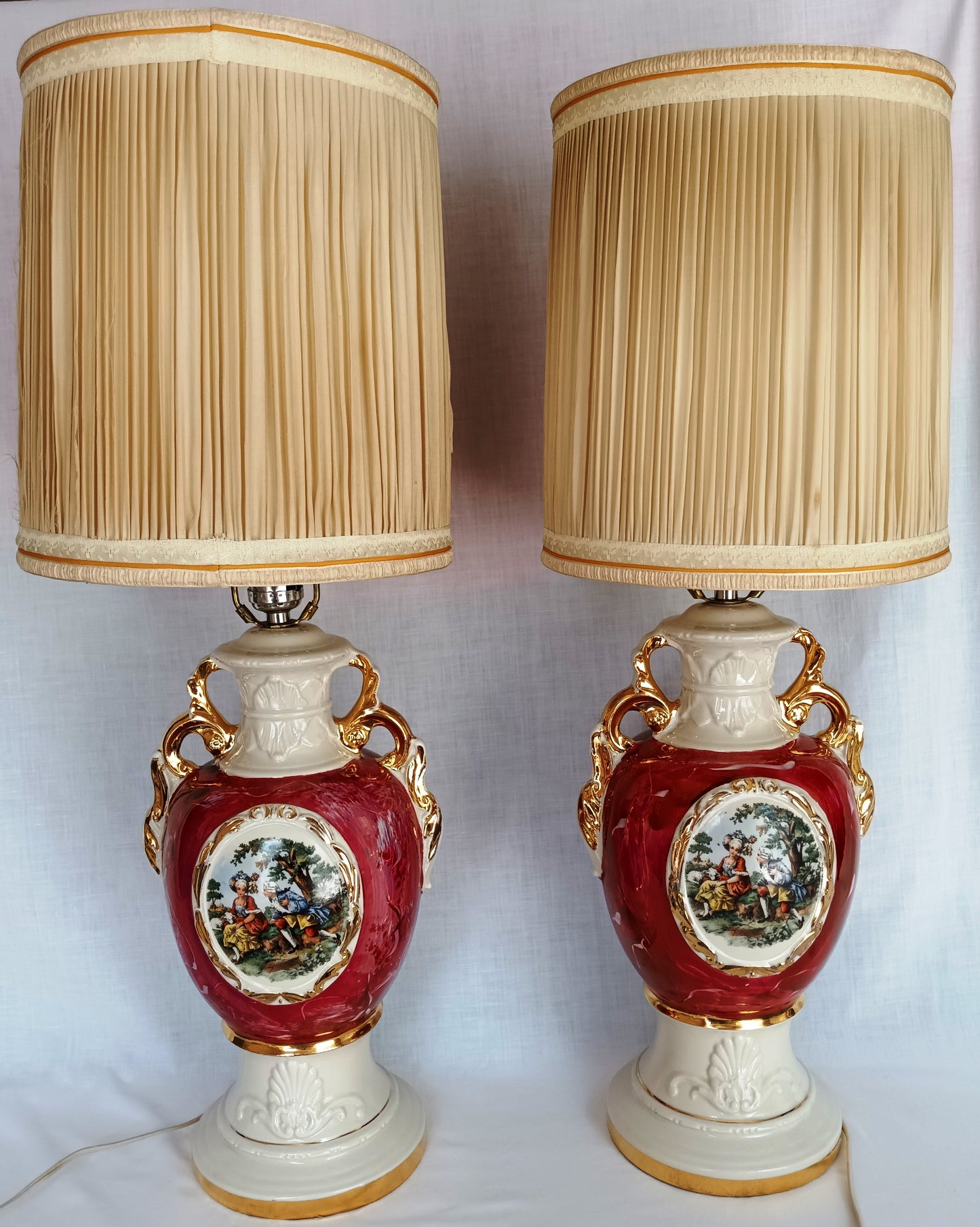 Vintage Pair Hollywood Regency MCM George Martha Washington Style Ceramic Porcelain Gilt Urn Tall Table Lamps Courting Couple Harp Finial
