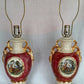Vintage Pair Hollywood Regency MCM George Martha Washington Style Ceramic Porcelain Gilt Urn Tall Table Lamps Courting Couple Harp Finial