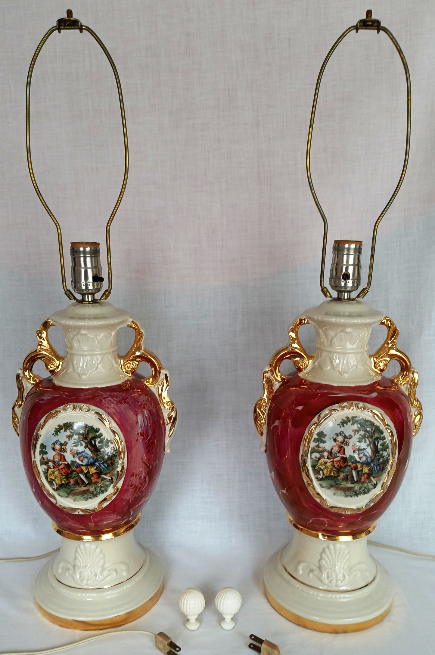 Vintage Pair Hollywood Regency MCM George Martha Washington Style Ceramic Porcelain Gilt Urn Tall Table Lamps Courting Couple Harp Finial
