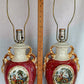 Vintage Pair Hollywood Regency MCM George Martha Washington Style Ceramic Porcelain Gilt Urn Tall Table Lamps Courting Couple Harp Finial