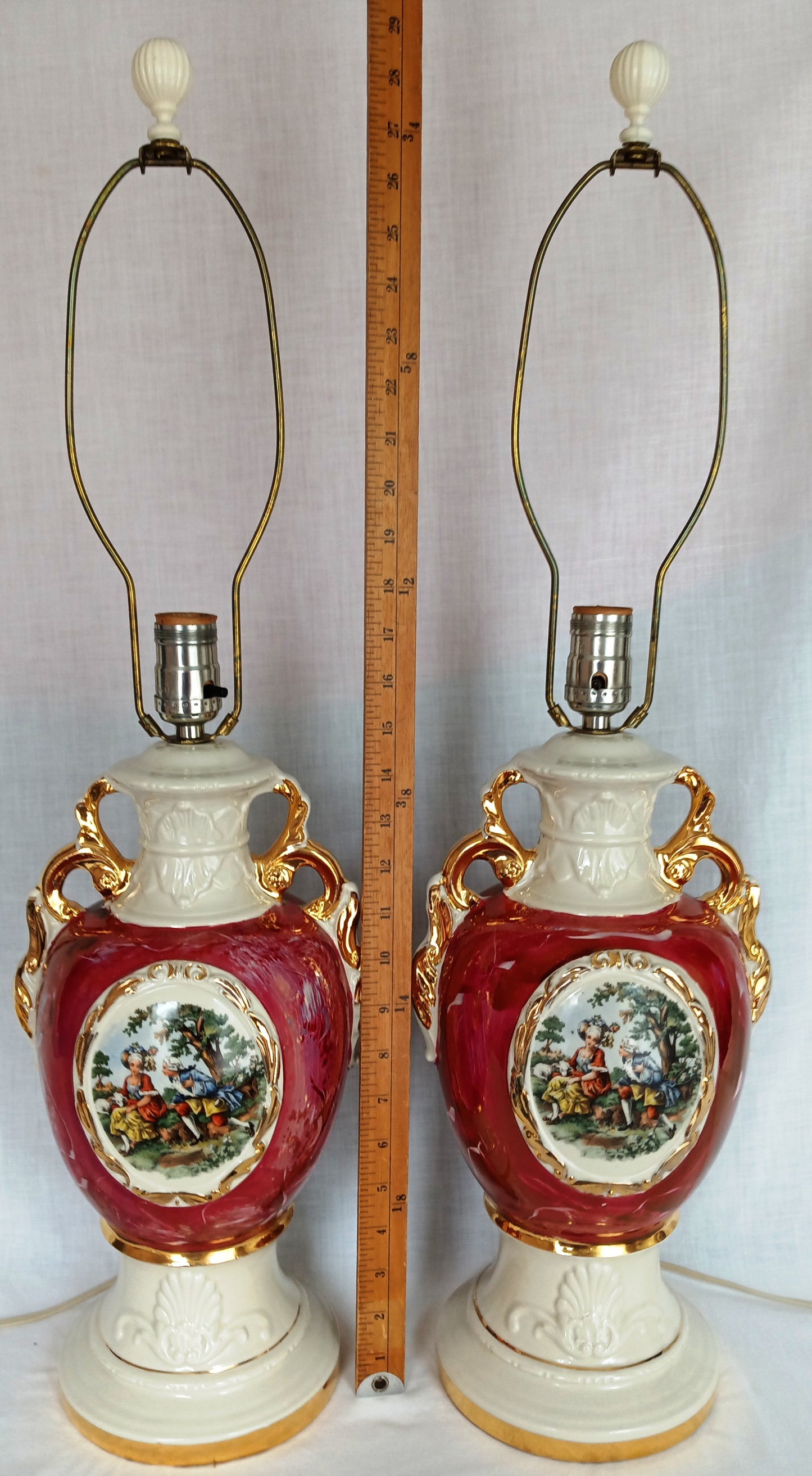 Vintage Pair Hollywood Regency MCM George Martha Washington Style Ceramic Porcelain Gilt Urn Tall Table Lamps Courting Couple Harp Finial