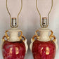 Vintage Pair Hollywood Regency MCM George Martha Washington Style Ceramic Porcelain Gilt Urn Tall Table Lamps Courting Couple Harp Finial
