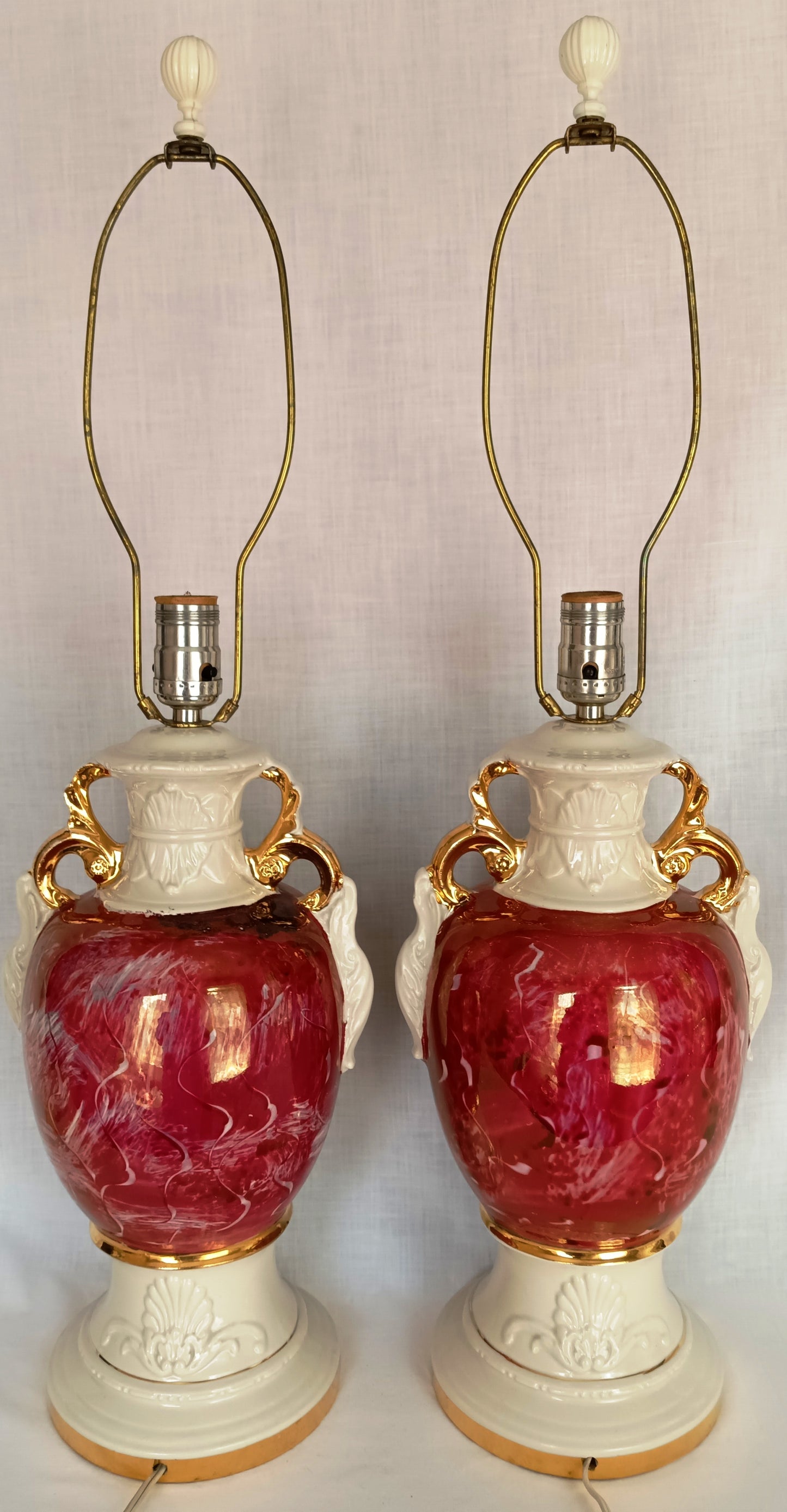 Vintage Pair Hollywood Regency MCM George Martha Washington Style Ceramic Porcelain Gilt Urn Tall Table Lamps Courting Couple Harp Finial