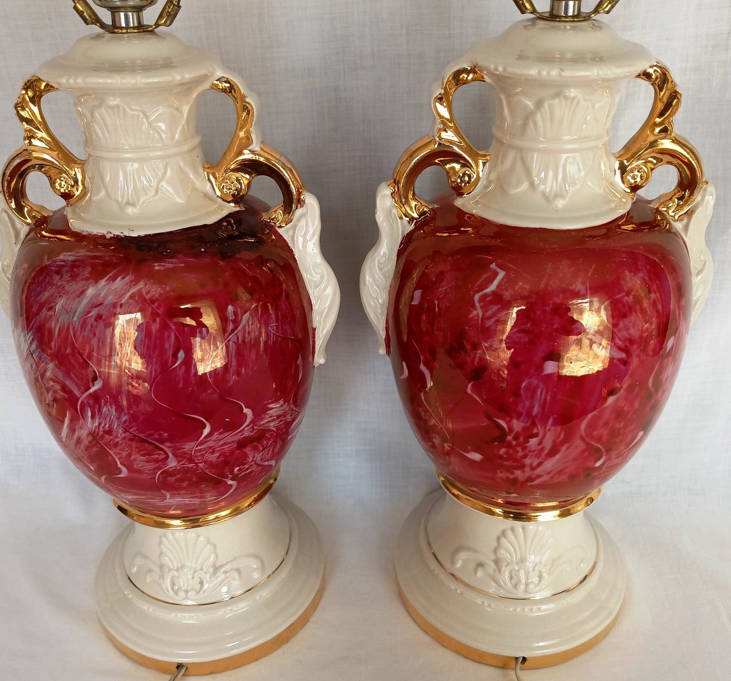 Vintage Pair Hollywood Regency MCM George Martha Washington Style Ceramic Porcelain Gilt Urn Tall Table Lamps Courting Couple Harp Finial