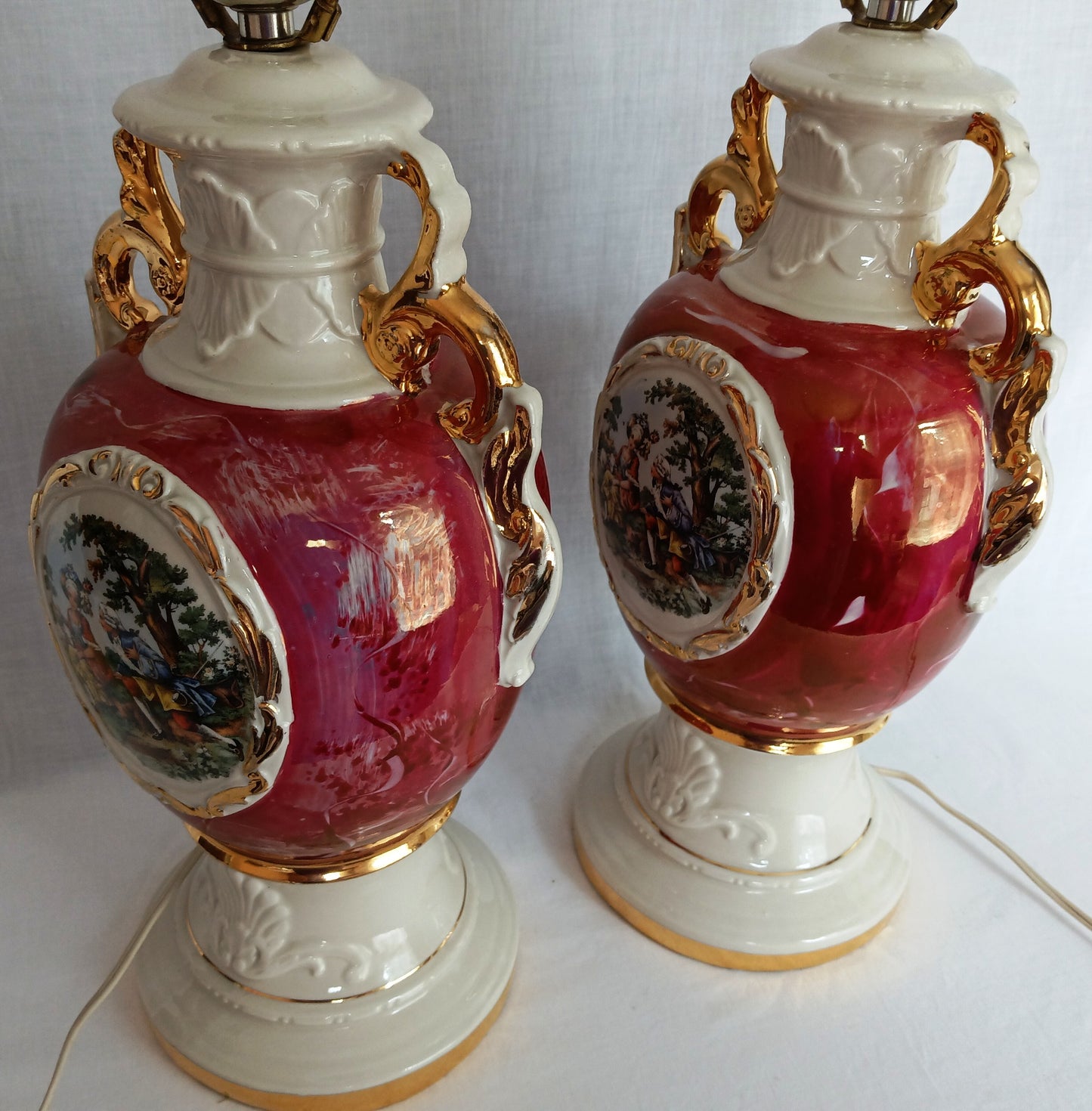 Vintage Pair Hollywood Regency MCM George Martha Washington Style Ceramic Porcelain Gilt Urn Tall Table Lamps Courting Couple Harp Finial