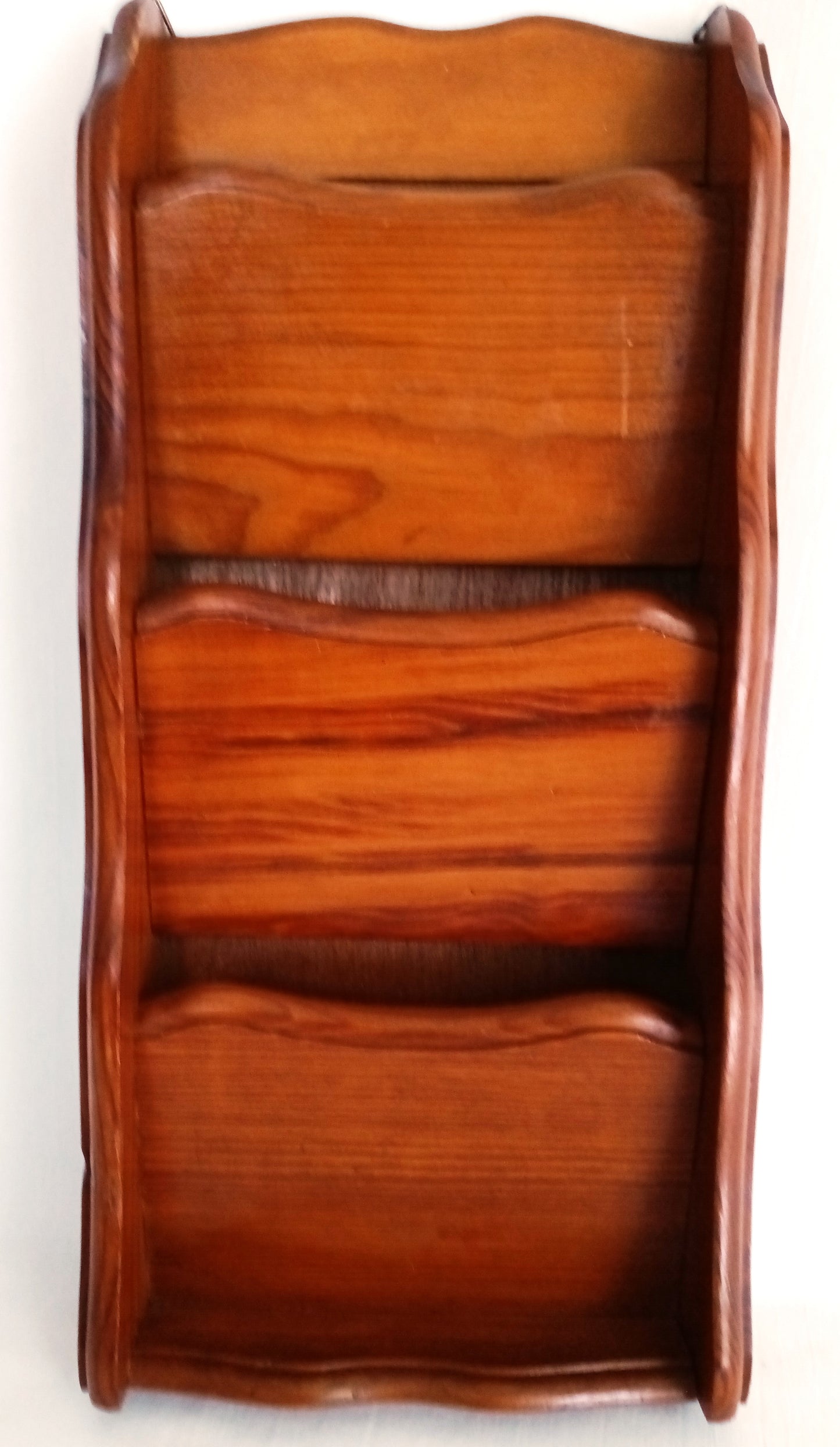 Vintage Kamenstein Wooden Vertical Wall Hanging 3 Tier Letter Mail Organizer Brown Finish Scallop Side Panels-Thailand