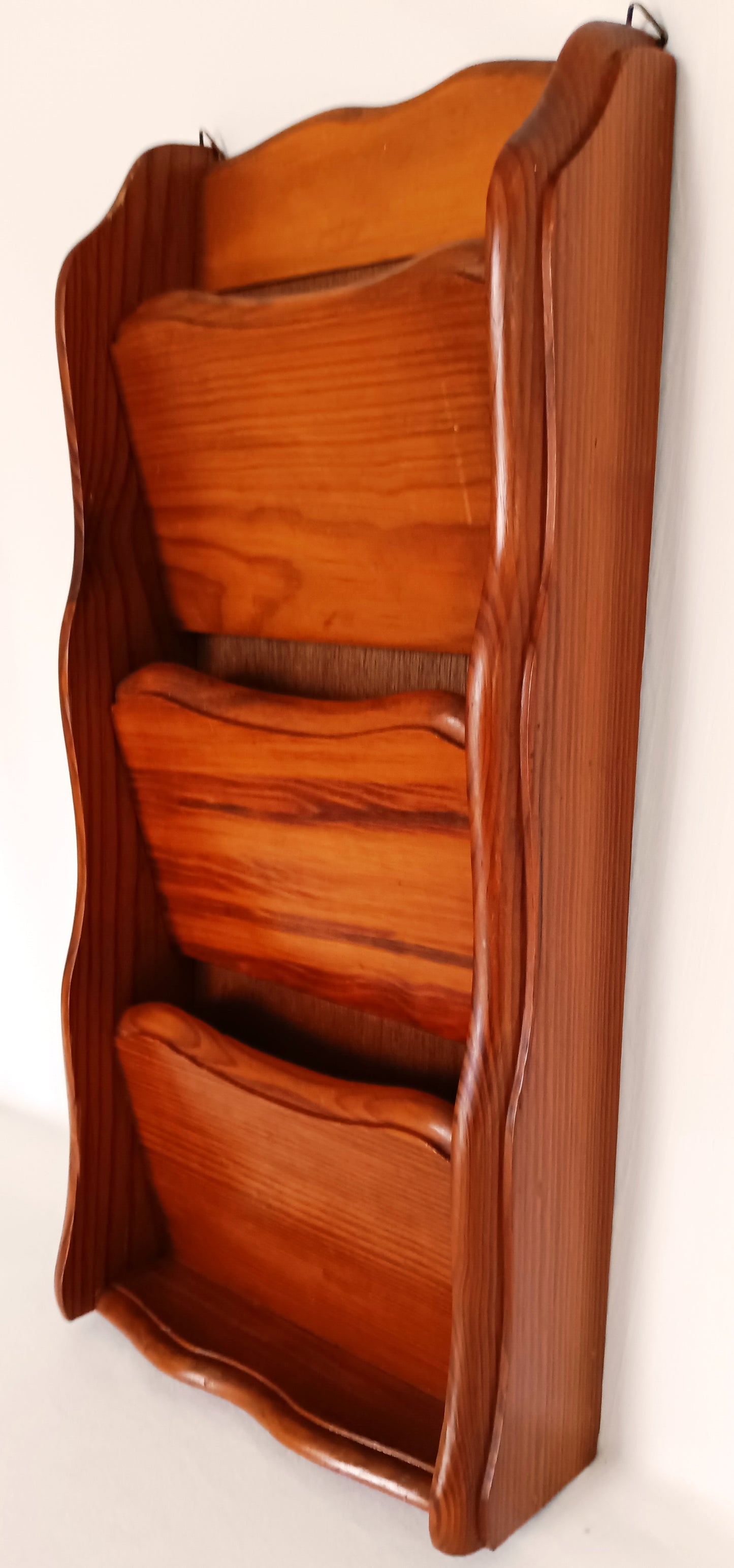 Vintage Kamenstein Wooden Vertical Wall Hanging 3 Tier Letter Mail Organizer Brown Finish Scallop Side Panels-Thailand