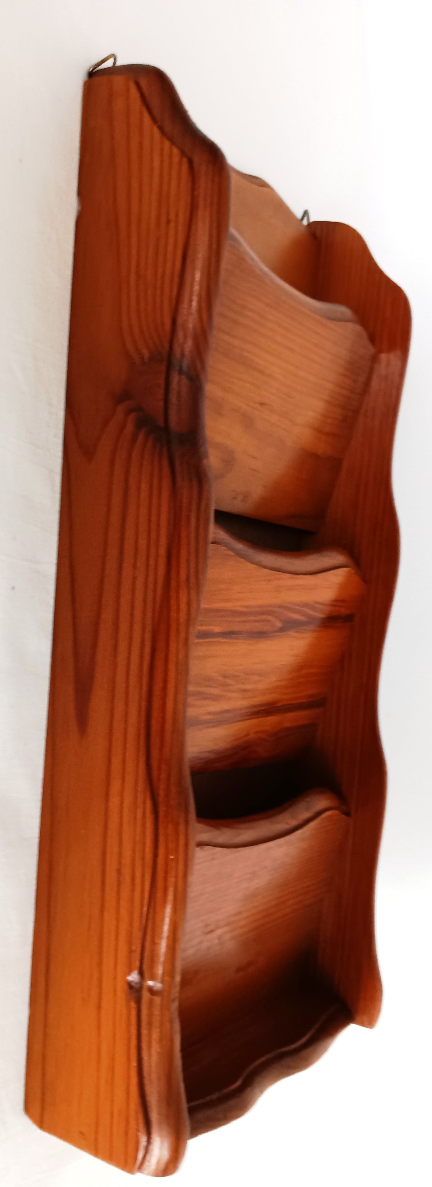 Vintage Kamenstein Wooden Vertical Wall Hanging 3 Tier Letter Mail Organizer Brown Finish Scallop Side Panels-Thailand