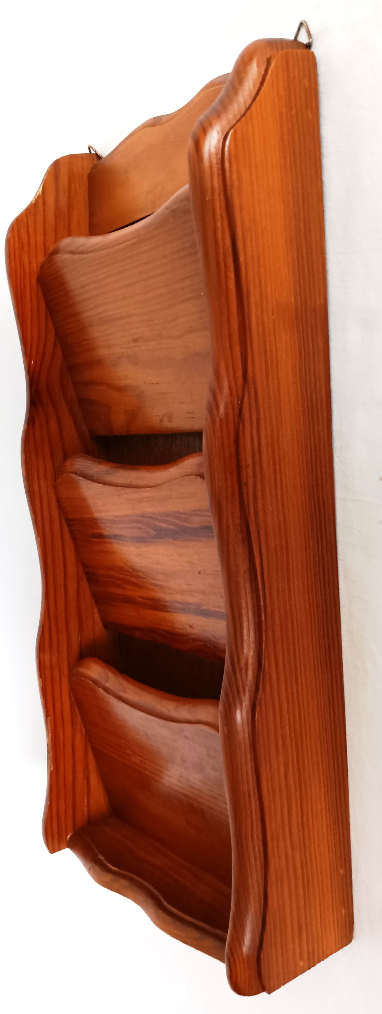 Vintage Kamenstein Wooden Vertical Wall Hanging 3 Tier Letter Mail Organizer Brown Finish Scallop Side Panels-Thailand