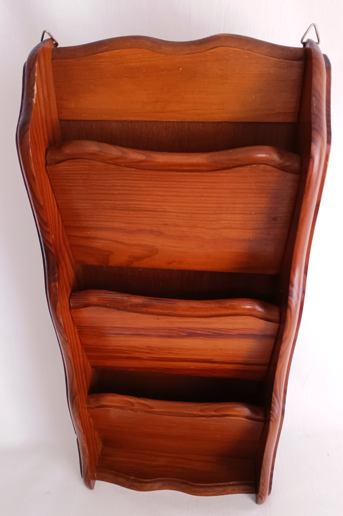 Vintage Kamenstein Wooden Vertical Wall Hanging 3 Tier Letter Mail Organizer Brown Finish Scallop Side Panels-Thailand